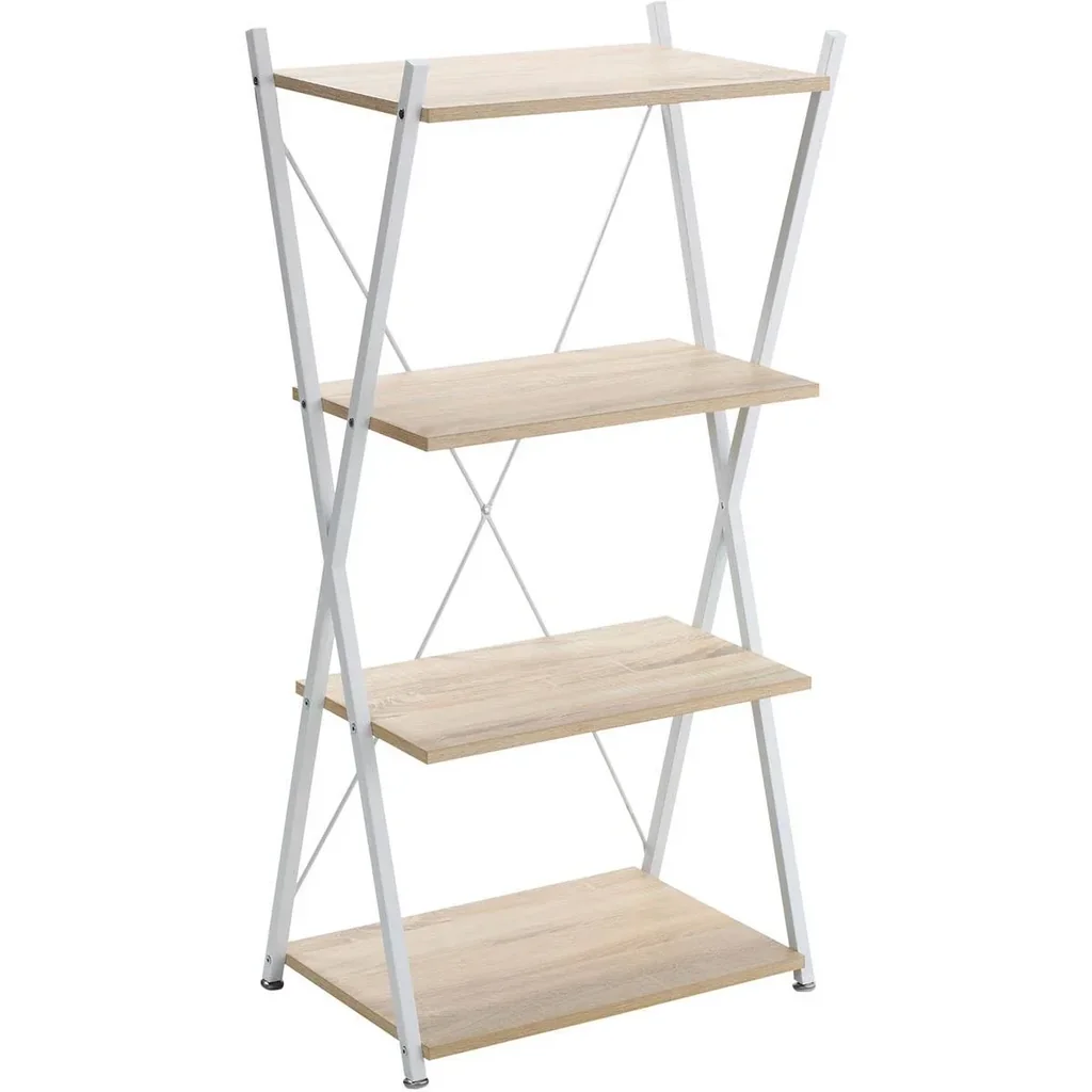 Bücherregal X-Form Standregal mit 4 Ebenen Aufbewahrungsregal für Wohnzimmer Schlafzimmer Küche Büro Spanplatte Metall N