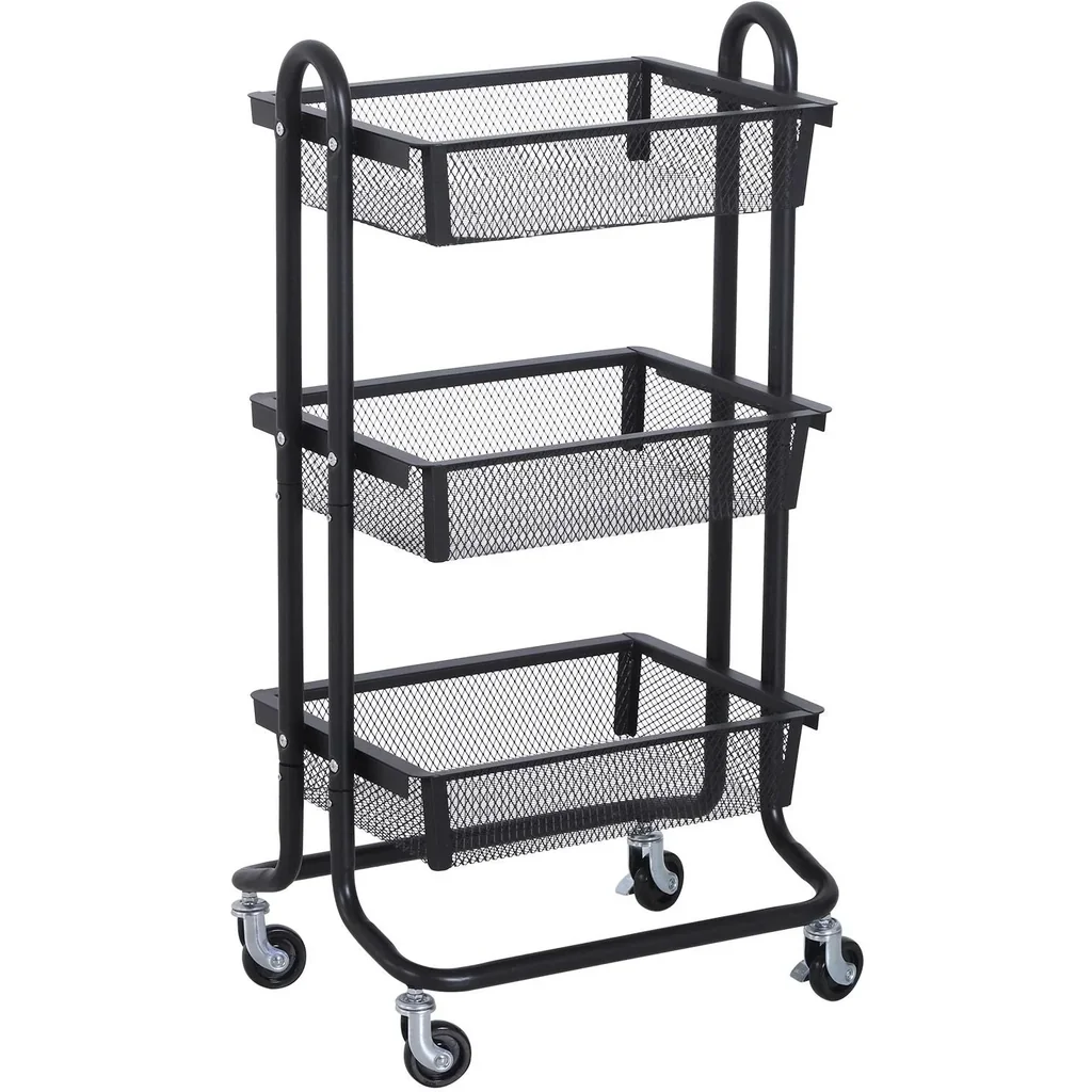 Küchenwagen Küchenregal Metallregal Allzweckwagen Allzweckregal 3xKorb Karbonstahl Schwarz 47x38,5x89cm