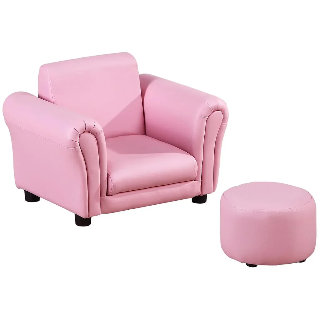 Kindersessel mit Fußhocker Kindercouch Kindersofa Minisofa Kindermöbel Holz Rosa