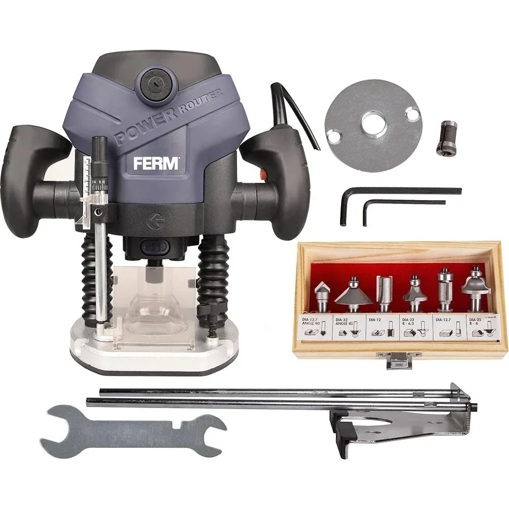 PRM1015 Oberfräse 1300W - 6-8mm - Soft griff - LED-Arbeitslicht - Mit Vakuum-Adapter - Inkl. Parallelführung und 6-Teili