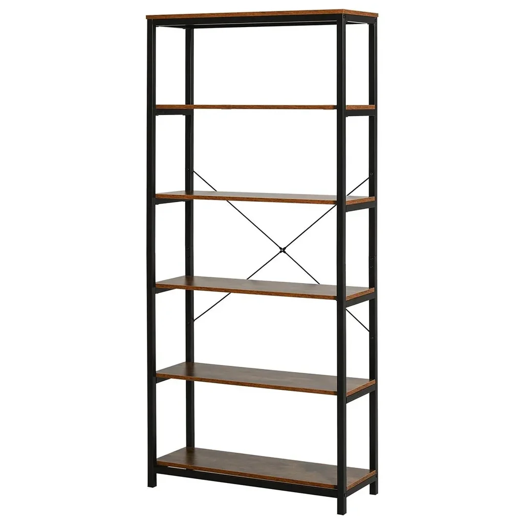 Bücherregal mit 5 Fächer, Standregal, Industriestil, Wohnzimmer, Schlafzimmer, Büro, E1 Spanplatte, Braun, 80 x 30 x 180