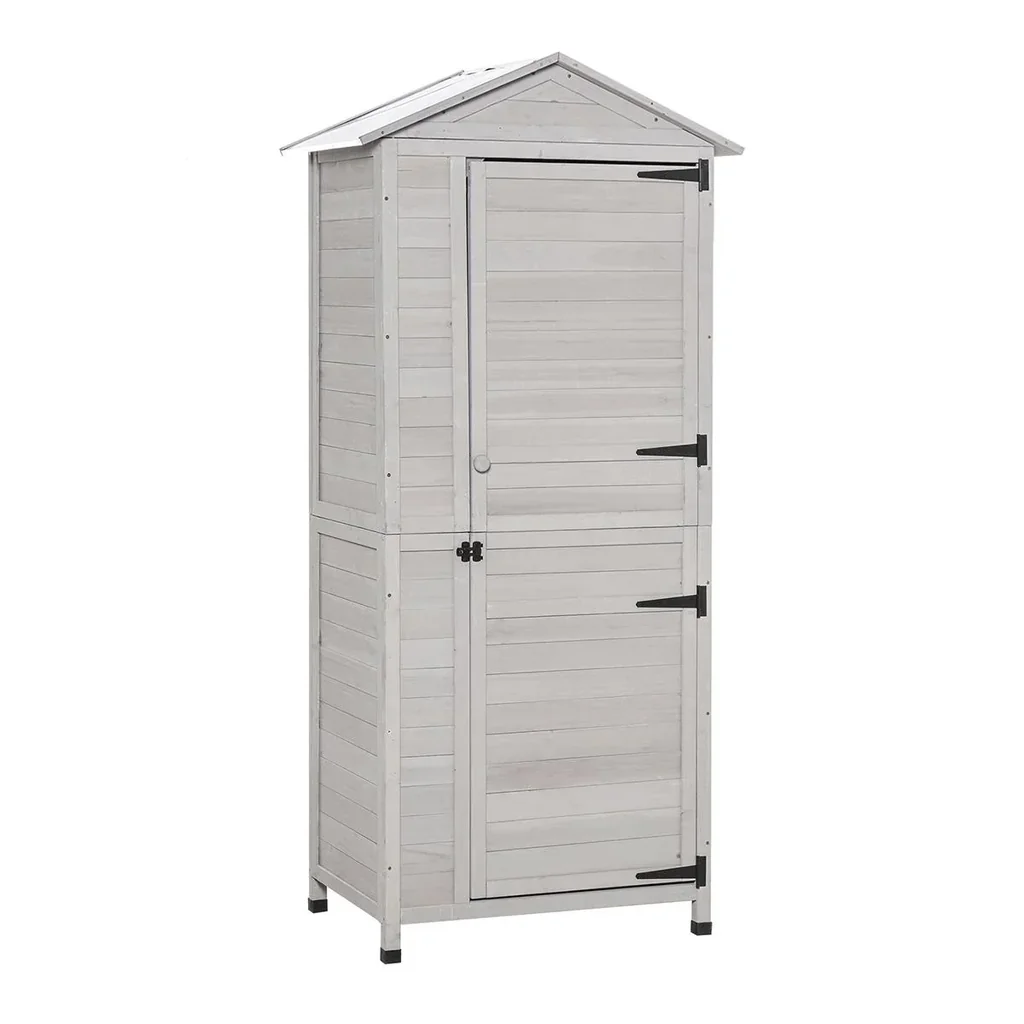 Gartenschrank Holz Geräteschuppen Gerätehaus Gartenhaus mit Regalböden Asphaltdach Hellgrau 90 x 63 x 200 cm