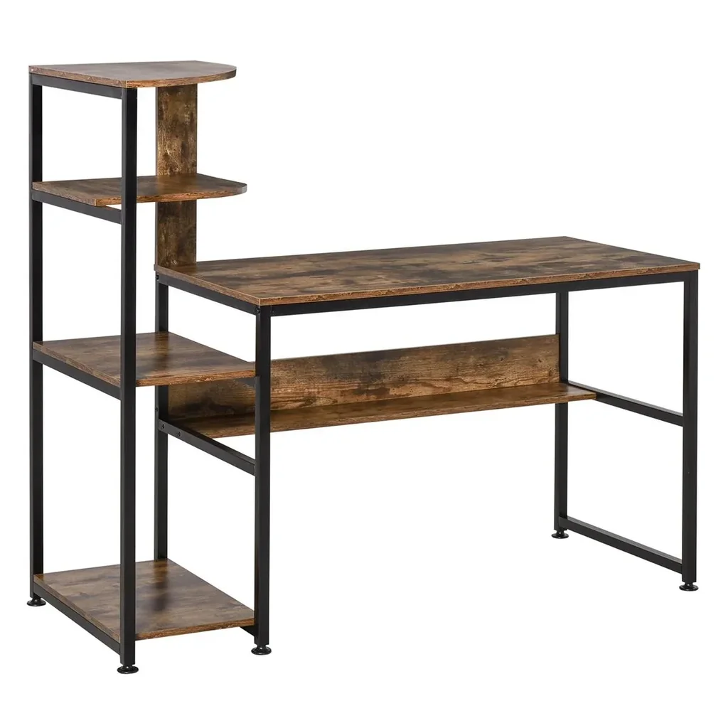 Schreibtisch Bücherregal Computertisch Bürotisch mit 4 Ablagen einstellbar E1 Spanplatte Metallrahmen Schwarz+Rustikales