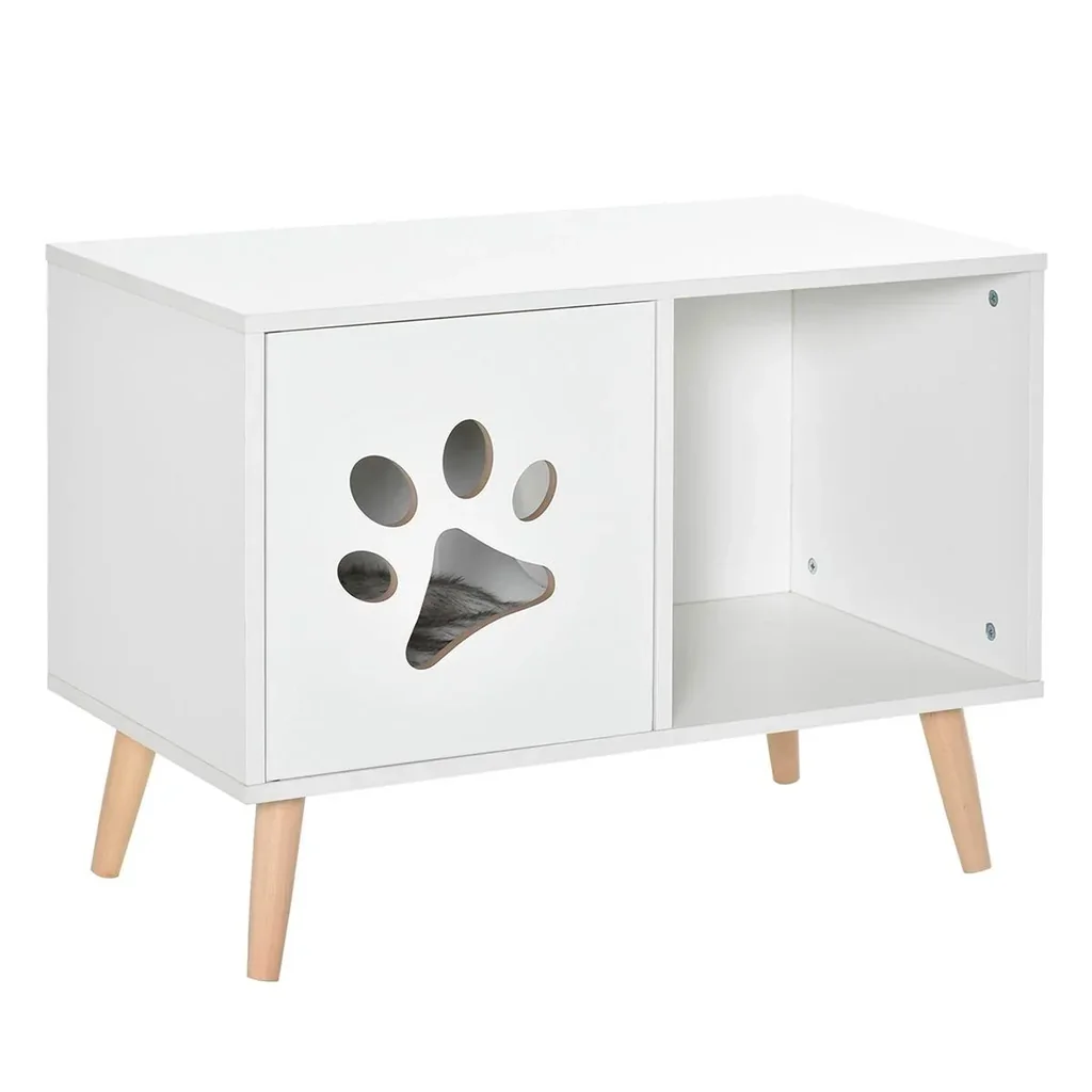 2-in-1 Katzenhaus Katzentoilette Katzenhöhle Katzenwohnung mit magnetischer Türen Kissen Spanplatte Kiefernholz Nylon