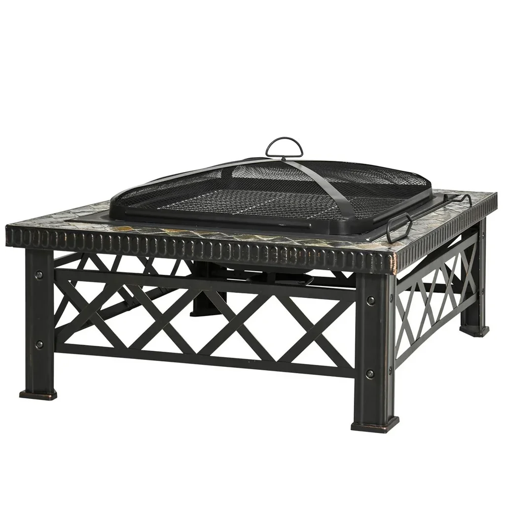 3-in-1 Feuerschale Feuerkorb Feuerstelle mit Funkenschutz Grillrost Eiskübel Garten BBQ Schwarz 76 x 76 x 47 cm