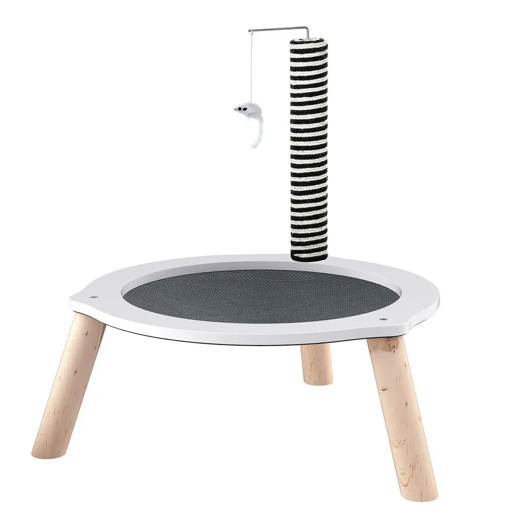 Katzenbett, Katzen Bettchen Gross, Katzenfangpfosten und Spielzeug-Maus, MDF, Tannenholz, Oxford-Tuch, Sisal, Weiß+Grau+