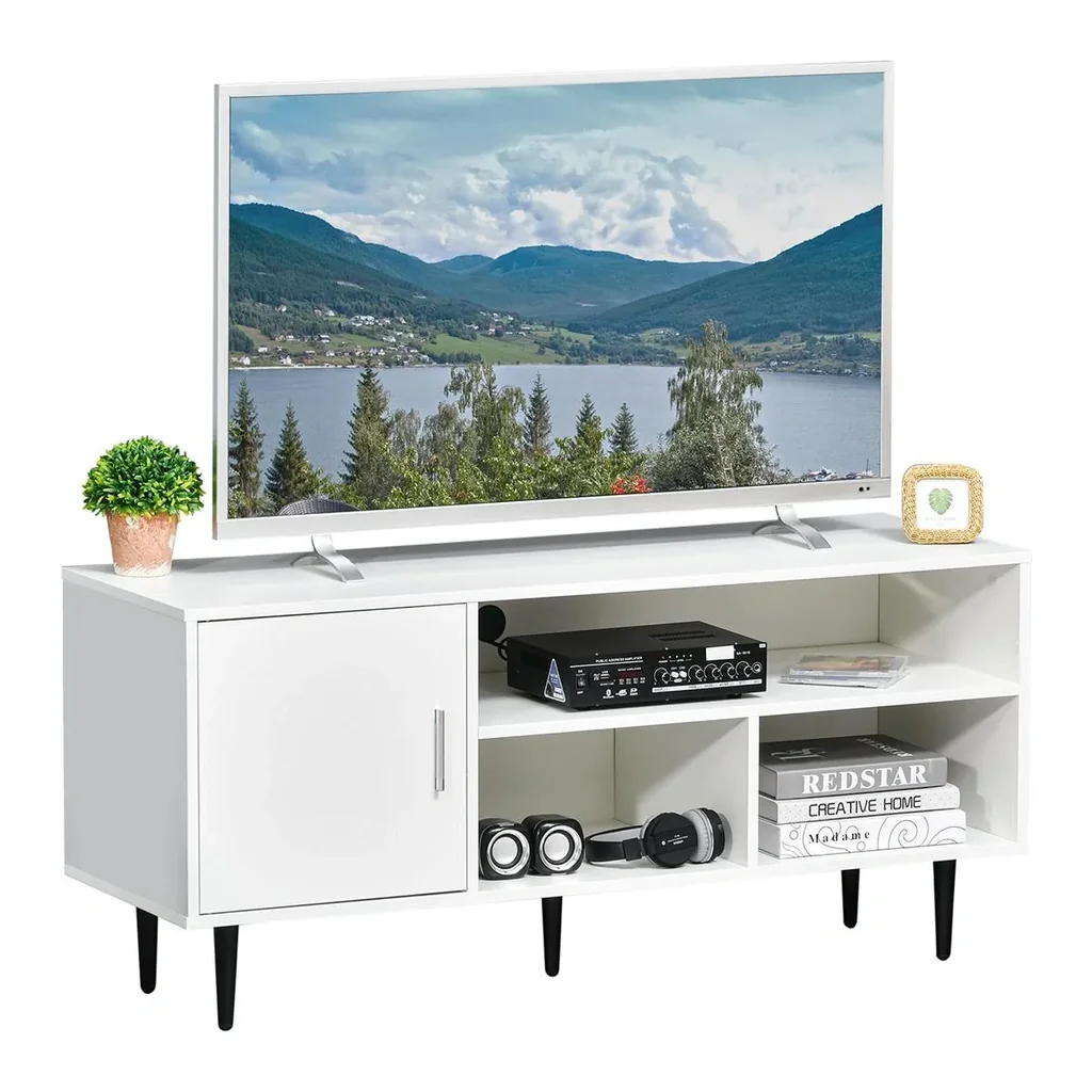 Fernsehtisch Fernsehschrank mit Schrank Regale TV-Board für TVs bis zu 60'' Wohnzimmer Schlafzimmer Spanplatte Metallbei