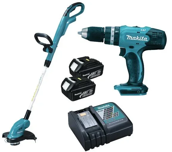 Set DLX2114X1, 18V Schlagbohrschrauber, 18V Rasentrimmer, 18V Ladegerät und zwei 18V Akkus 3,0 Ah