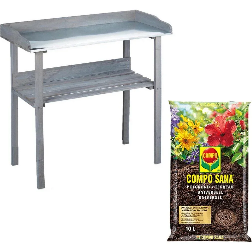 Garten Pflanzgefäß mit Zinkplatte und Holzablage Anthrazit - 78 x 38 x 86 cm inkl. Compo Sana 10L Blumenerde