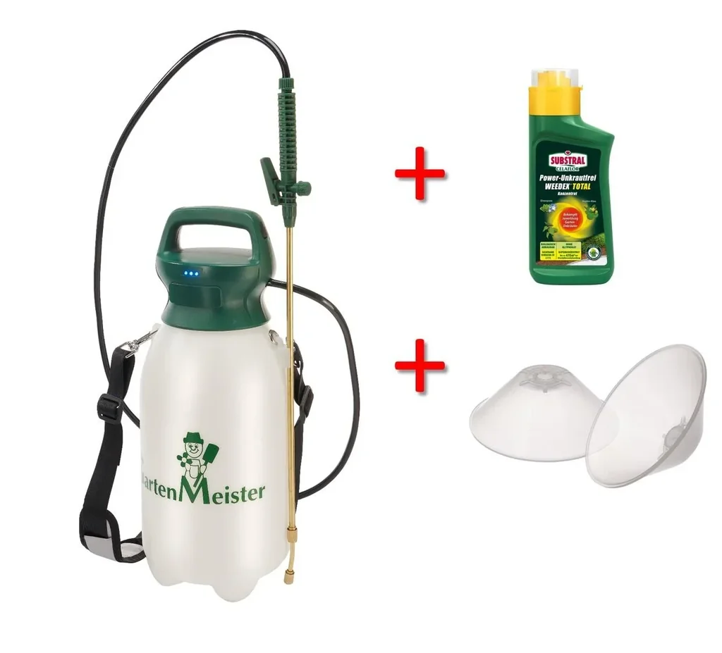 Akku-Sprühgerät Li-Ionen 8L GM ALS + Unkrautfrei Weedex Total 380 ml + Sprühschirm 2er Set