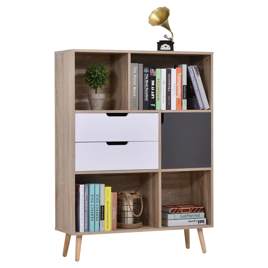 Schrank mit 4 offenen Fächern, 2 Schubladen und 1 Türschrank
