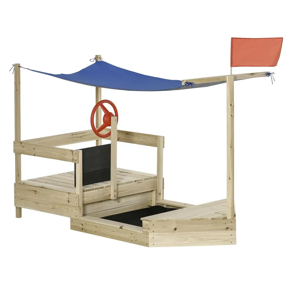 Sandkasten mit Abdeckung Schiff Design Matschekiste aus Holz Spielhaus für Kinder 3-8 Jahre Natur 180 x 91,5 x 144 cm