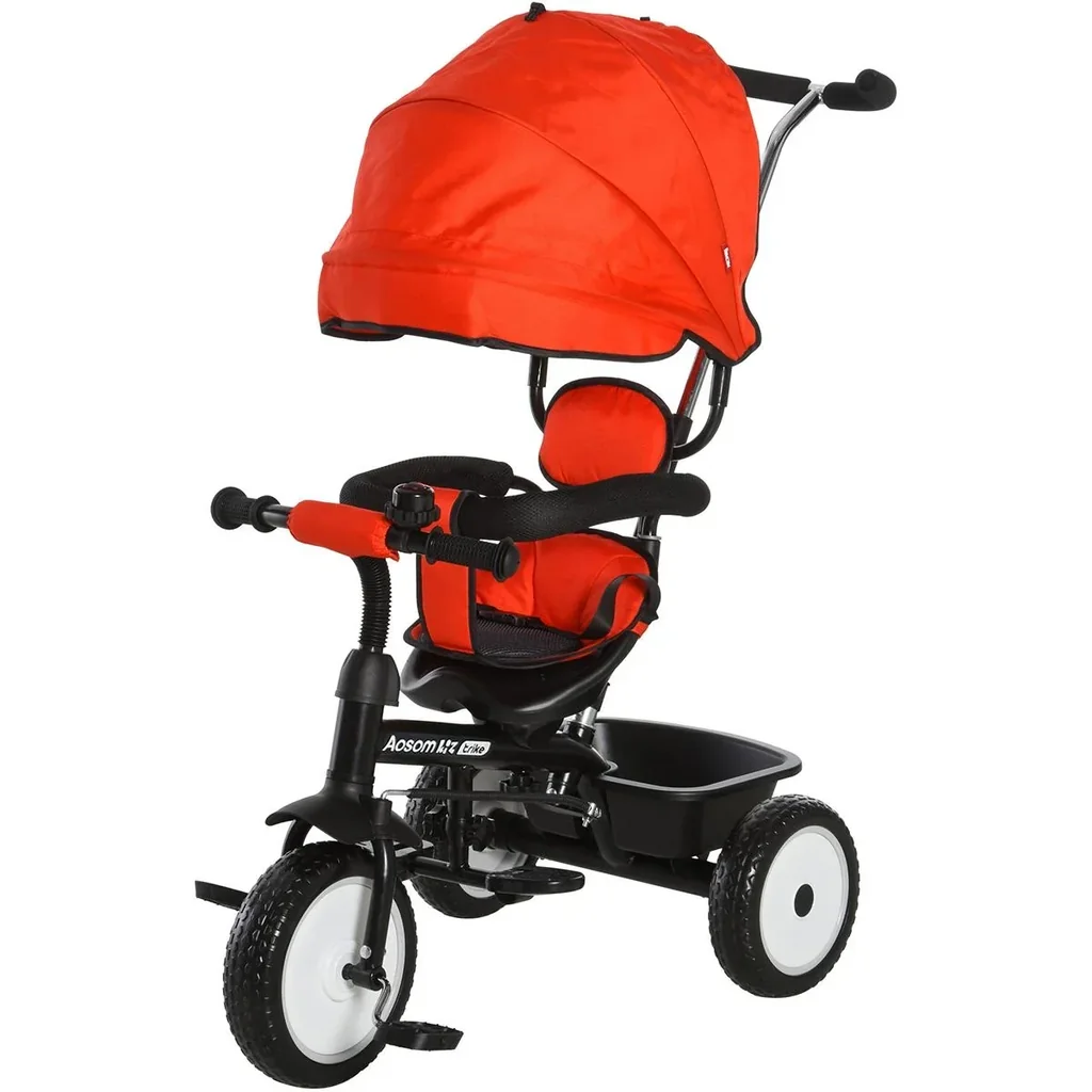 6 in 1 Kinderdreirad Dreirad Kinder Fahrrad Rad Kinderwagen Schubstange Sonnendach Sicherheitsgurt 6-60 Monate Rot+Schwa
