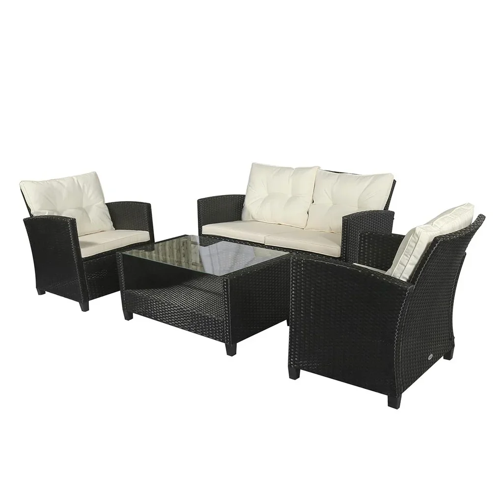 Polyrattan Sitzgarnitur 4 tlg. Sitzgruppe Gartenset Sofagarnitur Gartenmöbel Set Lounge Metall Luxus Schwarz