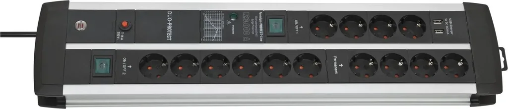 Steckdosenleiste Premium-Protect-Line Duo 14-fach, Überspannungsschutz 120.000A, USB 3.1A, 3m Kabel