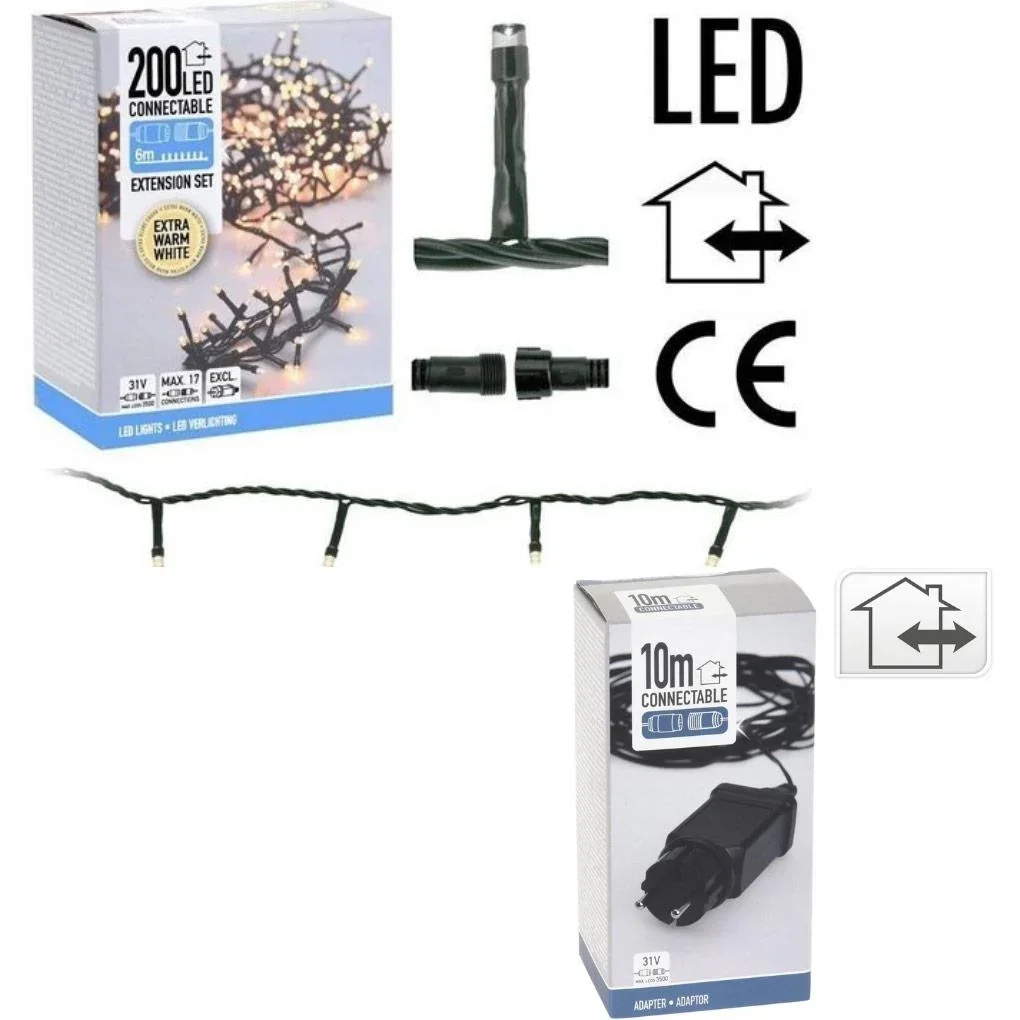 Weihnachtsbeleuchtung - Anschließbar - 200 LED - 6 Meter - Warmweiß + INCL. Adapter mit 10 Meter Kabellänge