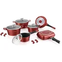 Töpfe und Pfannen - 15 Stück - Antihaftbeschichtung - Inklusive Glasdeckel und abnehmbare Griffe - Bordeaux