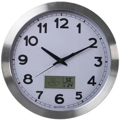 Aluminium Wanduhr mit LCD-Display und Thermometer, Hygrometer & Wettervorhersage - Ø 35 cm