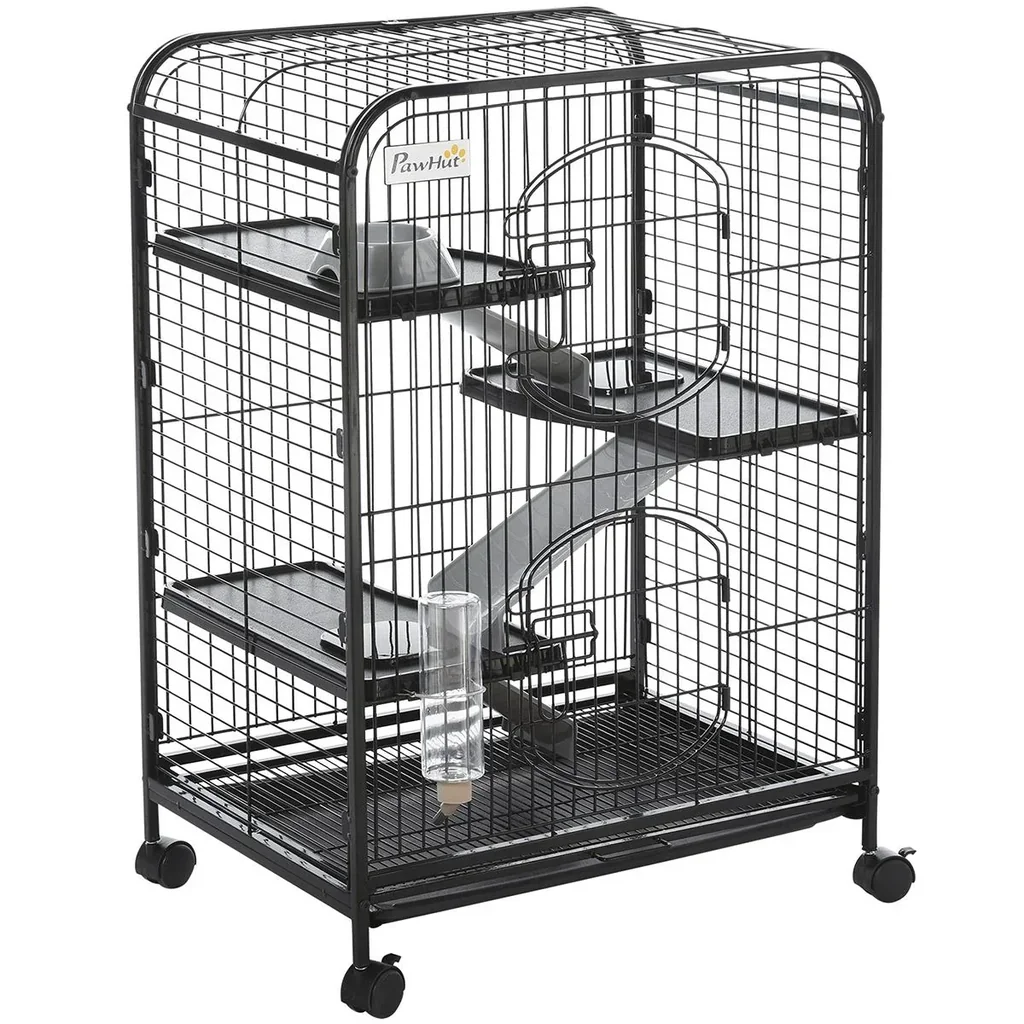 Kleintierkäfig rollbarer Nagerkäfig 3-stöckiger Tierkäfig mit Hängematten 2 Türen Metall 64 x 43,5 x 93 cm
