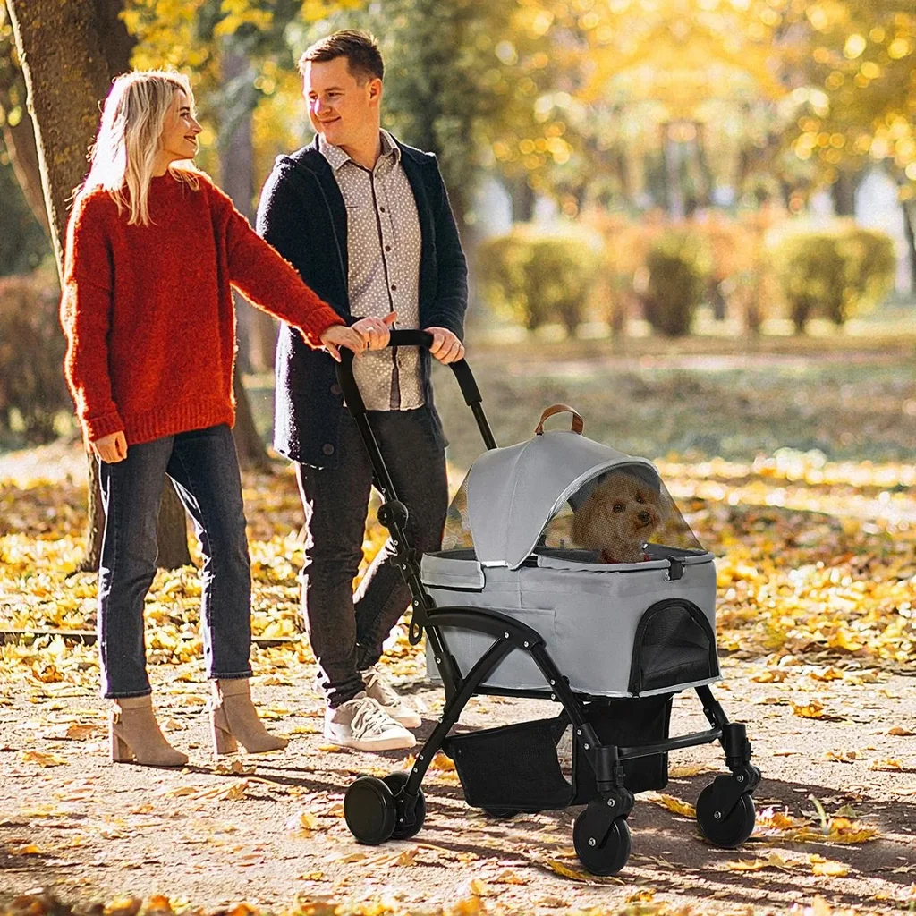 2-in-1 Hundebuggy Transporttasche Katzenbuggy mit Universal Rad abnehmbar Abdeckung Oxford Grau+Schwarz 76,5 x 48 x 99 c