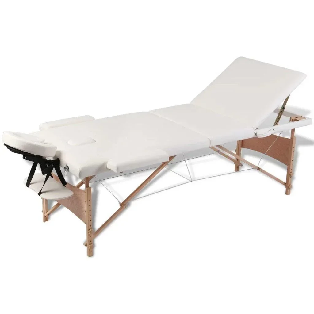 Klappbare Massageliege 3 Zonen mit Holzrahmen (creme)