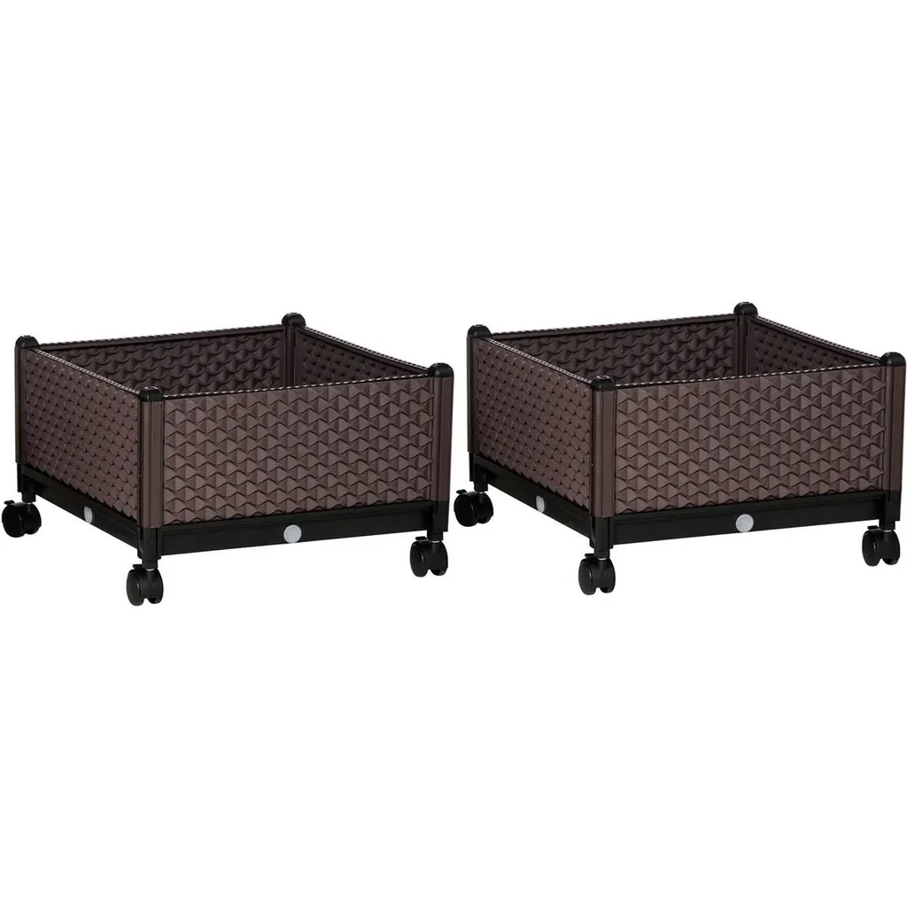 Hochbeet 2-teiliger DIY Pflanzkasten mit Rollen Abflusslöchern Pflanzkasten Blumenkasten Frühbeet Kunststoff Braun