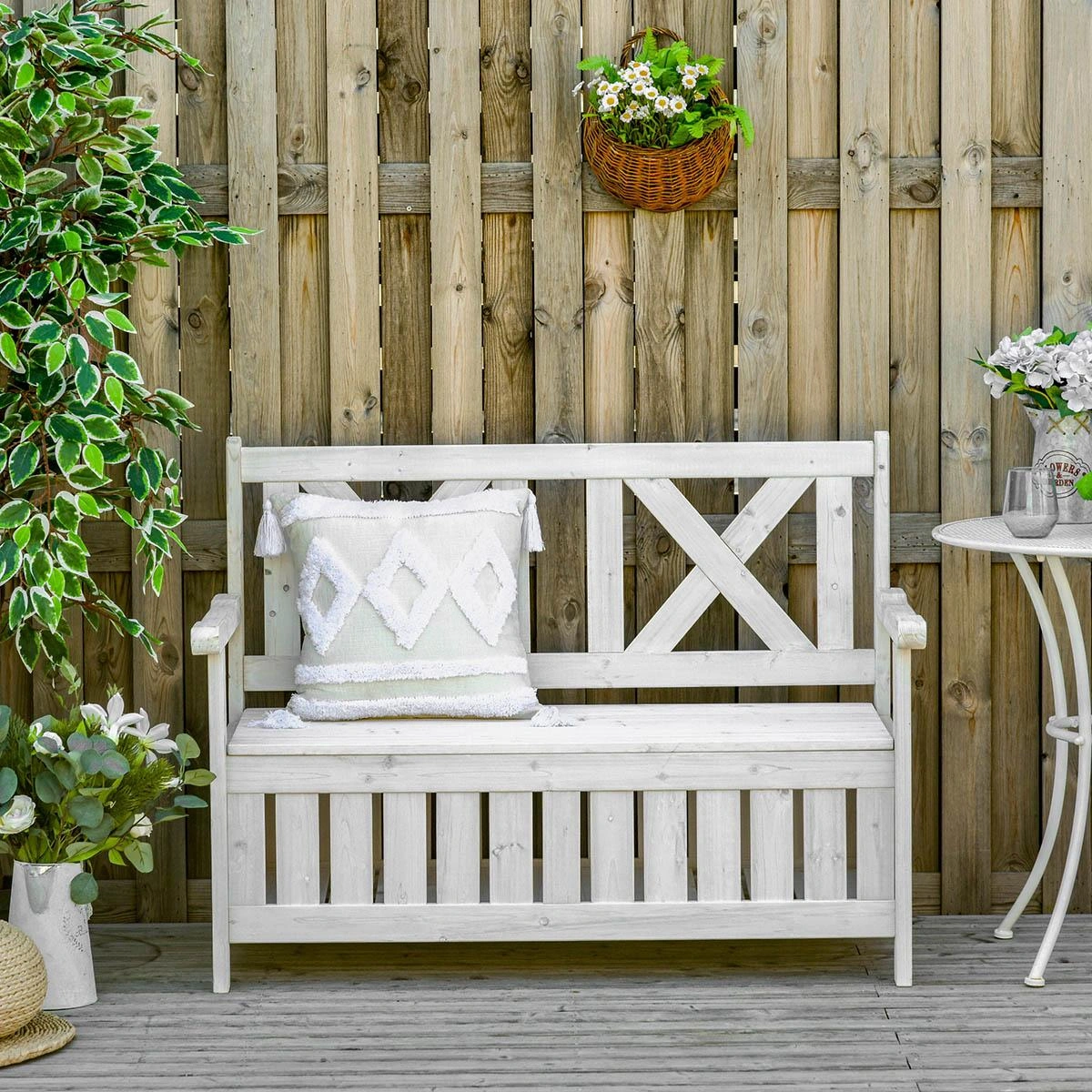 Bank mit Stauraum 2-Sitzer Gartentruhe Kissen Stauraumtruhe weiß 115 x 61 x 85 cm