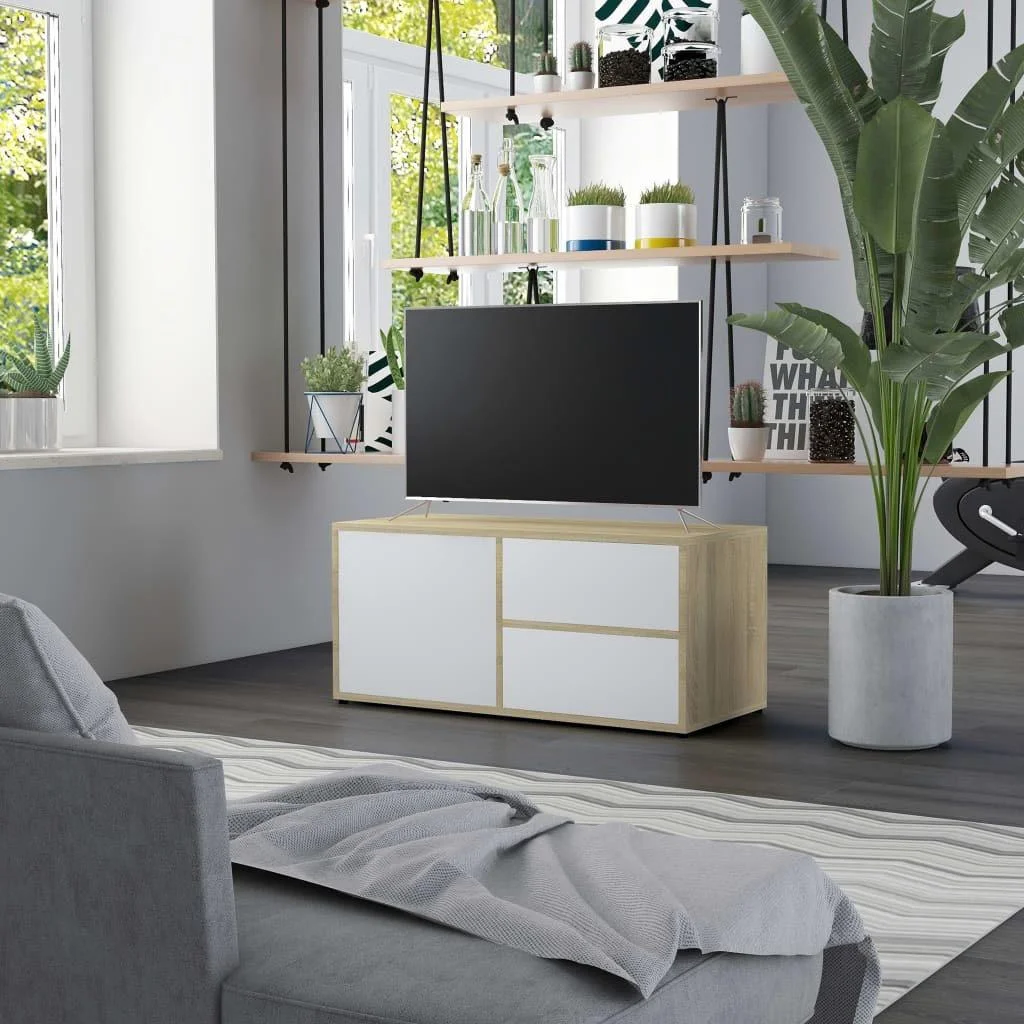 TV-Möbel 80x34x36 cm Spanplatte weiß und Sonoma-Eiche