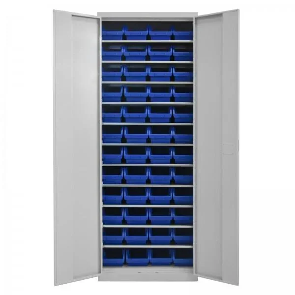 Regalschrank mit Tür, 11 Fachböden, 48 Lagersichtkästen Gr. 3 Blau