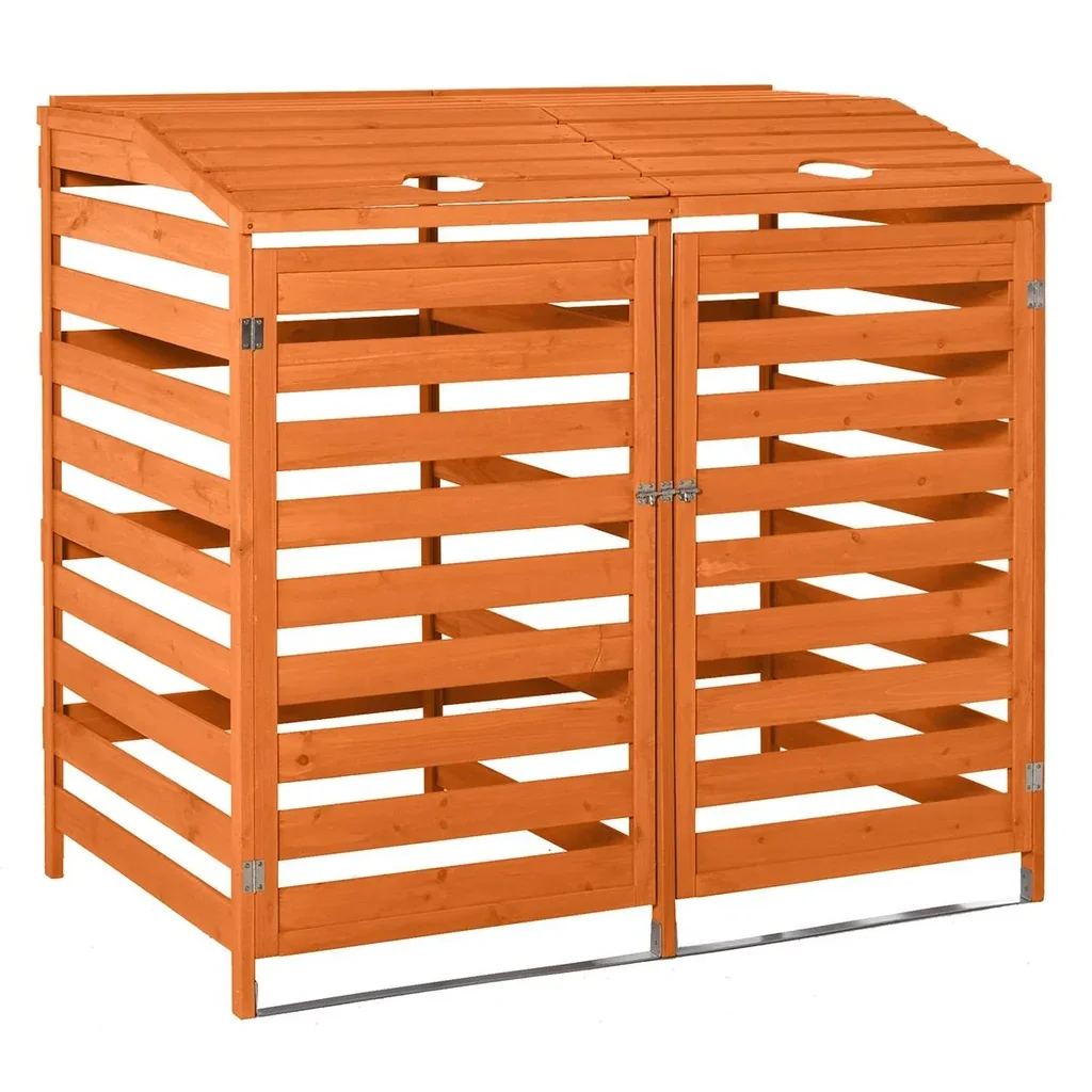 Mülltonnenbox Mülltonnecontainer mit Fronttüren Mülltonnenverkleidung für zwei 240L-Tonnen Massivholz Orange 131L x 85B