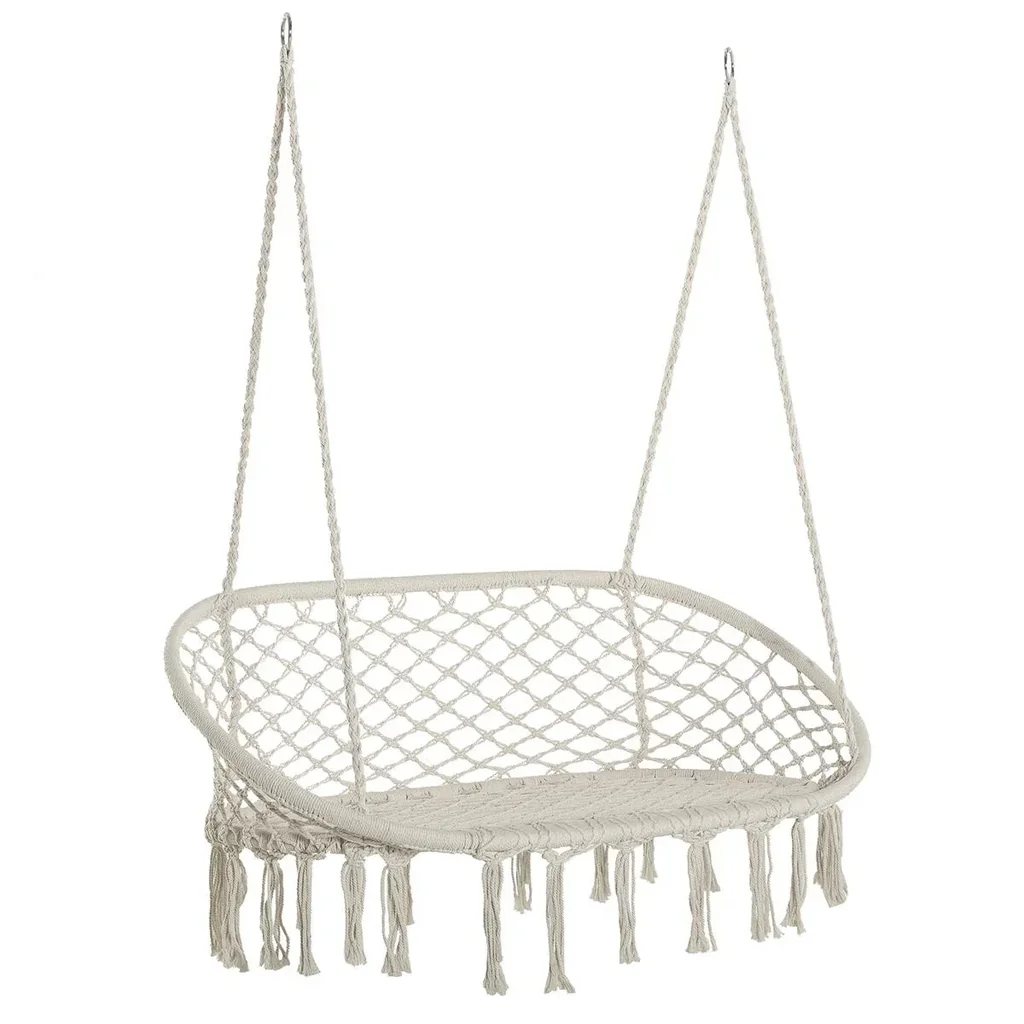 Hängesessel Hängestuhl 2-Sitzer Boho-Stil Makramee-Netzmuster mit Aufhängen Deckenhaken für Veranda unter Bäumen Garten
