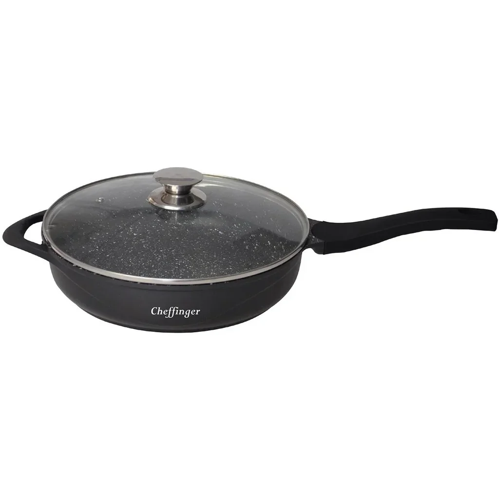 Bratpfanne - mit Deckel - Grillpfanne - Marmorbeschichtung - 28 cm - Schwarz