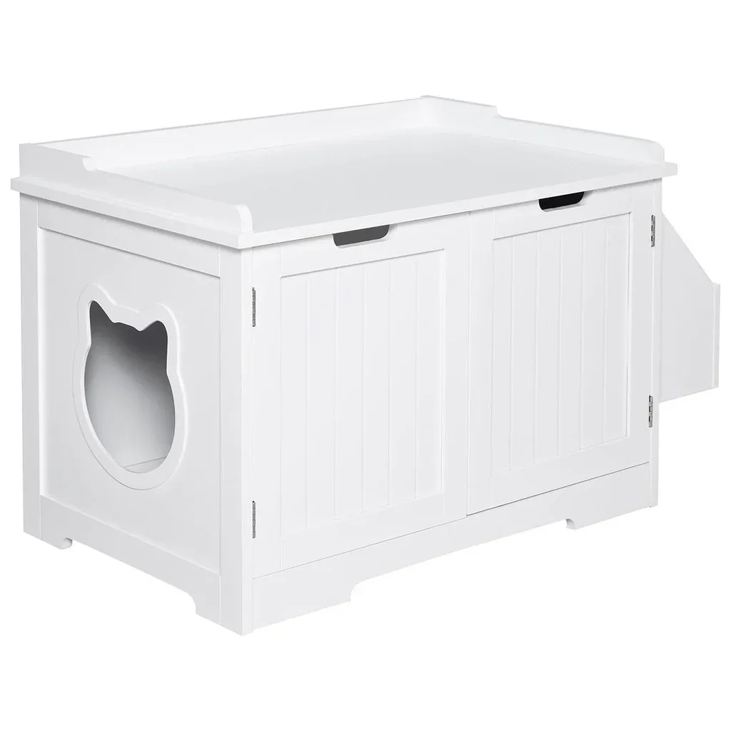Katzentoilette mit Regal Katzenhöhle Katzenhaus Katzenschrank Versteck und Abdeckung für Katzentoilette Weiß MDF
