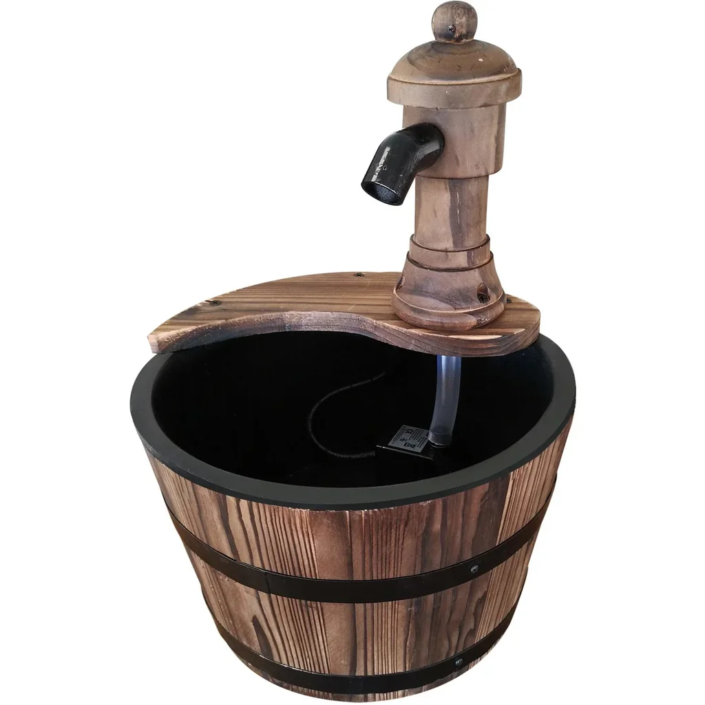 Gartenbrunnen Springbrunnen Zierbrunnen Fassbrunnen Wasserfall Holzfass Tannenholz + Metall Naturholz ?27 x 37 cm