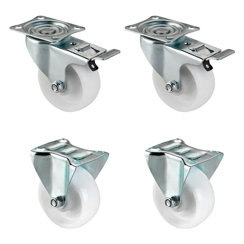 Transportrollen ROFI 4 teilig Ø 75 mm, Platte ca. 60 x 42 cm, 2 Bock- & 2 Lenkrollen mit Bremse, Tragkraft 60 kg / Rolle