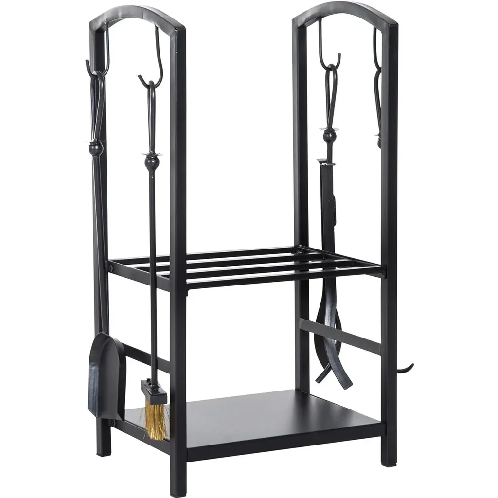 Kaminholzständer mit Kaminbesteck schwarz