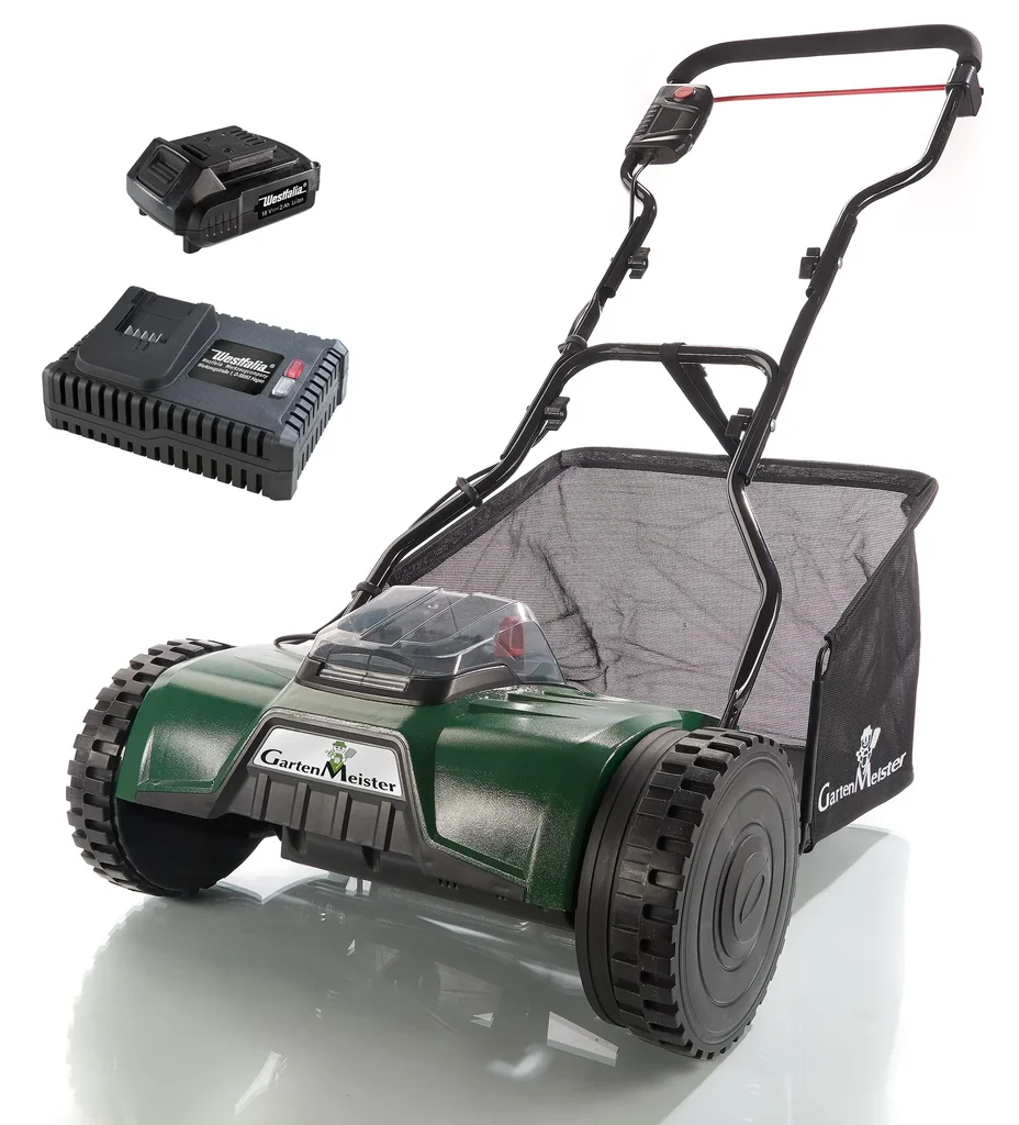 Set Akku-Walzenmäher „GM 38/18“, Li-Ion-Akku, 18 Volt, 2,0 Ah und Li-Ion-Akku-Schnellladegerät, 18 Volt
