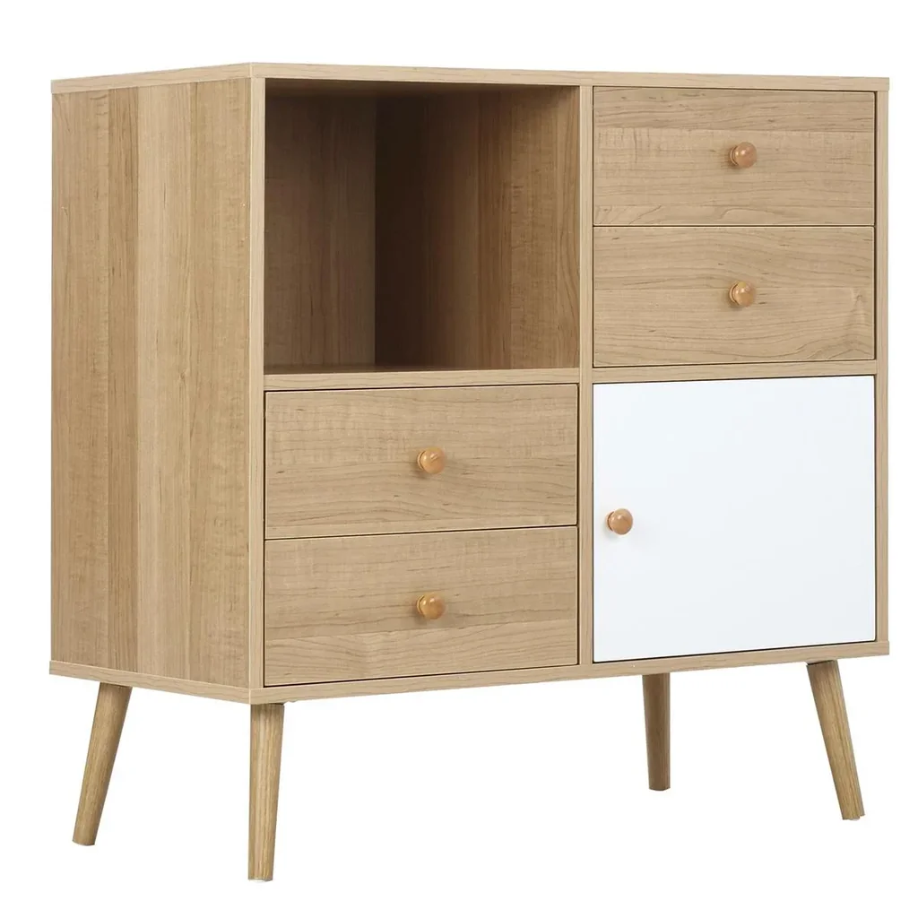 Sideboard Küchenschrank Kommode mit 1 offenen Fächern 4 Schubladen Skandi-Design Natur+Weiß 80 x 39 x 80 cm