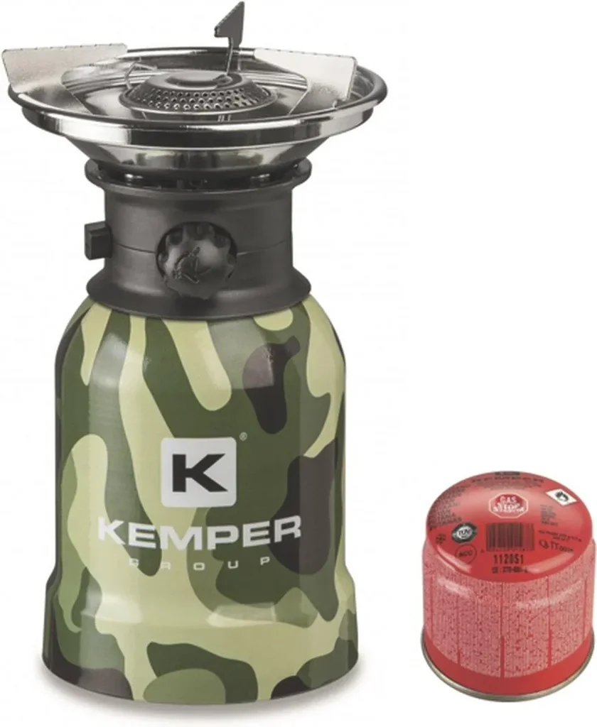 Camping-Gasbrenner aus Edelstahl mit Piezozündung - 1 Brenner + 1 Gaskanister