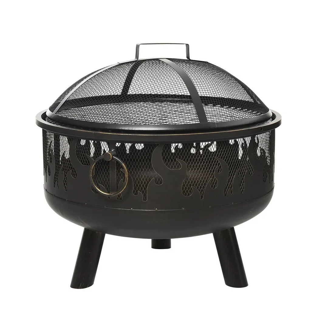 2-in-1 Feuerschale Feuerkorb Feuerstelle mit Funkenschutz Grillrost Garten BBQ Schwarz Ø61,5 x 52H cm