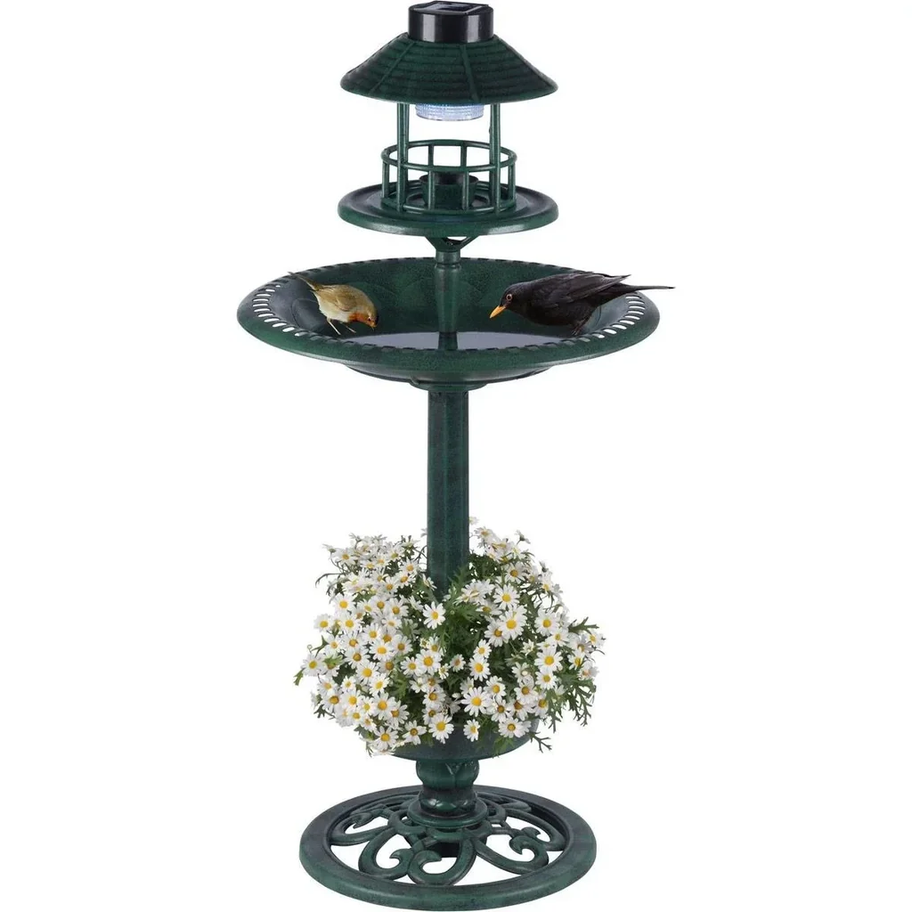 Vogeltränke mit Pflanzgefäß - Futterautomat - Solar-LED-Beleuchtung - 50 x 140 - Antique Green