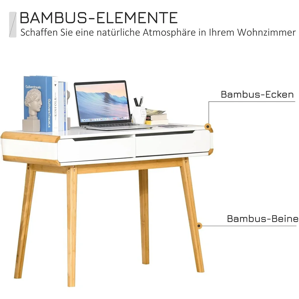 Schreibtisch mit Schubladen Weiß+Natur