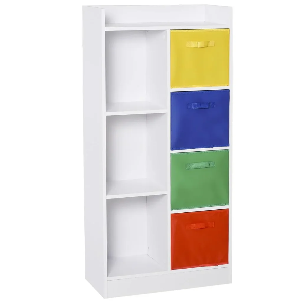 Bücherregal mit 3 Stoffboxen, Mehrzweckschrank, Spanplatte, Vliesstoff, 62,5 x 30 x 128 cm