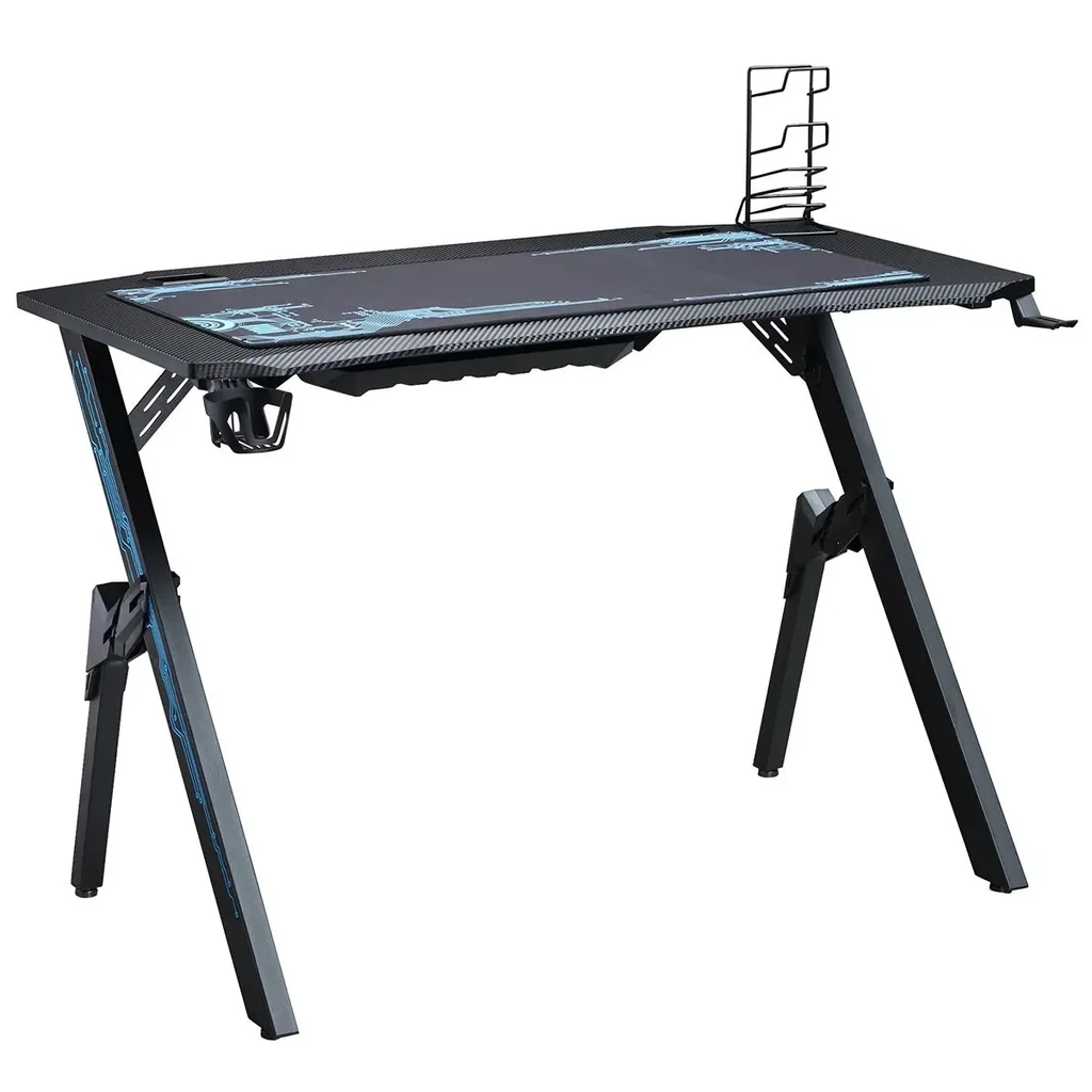 Gaming Tisch Schreibtisch mit Kopfhörerhaken Getränkehalterung R-förmiger Computertisch MDF Metall Schwarz+Blau 110 x 59