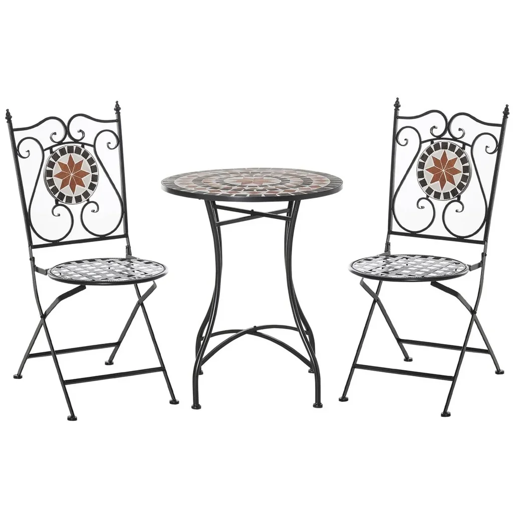 Garten Sitzgruppe 3-teilige Mosaiktisch Essgruppe Gartenmöbel-Set 1 Tisch+2 faltbare Stühle Terrasse Metall Mehrfarbing