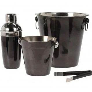 Bar-Set, Cocktail-Set - 4 Teile - Cocktail-Shaker, Weinkühler, Eiskübel, Eiszange - Schwarz - Edelstahl