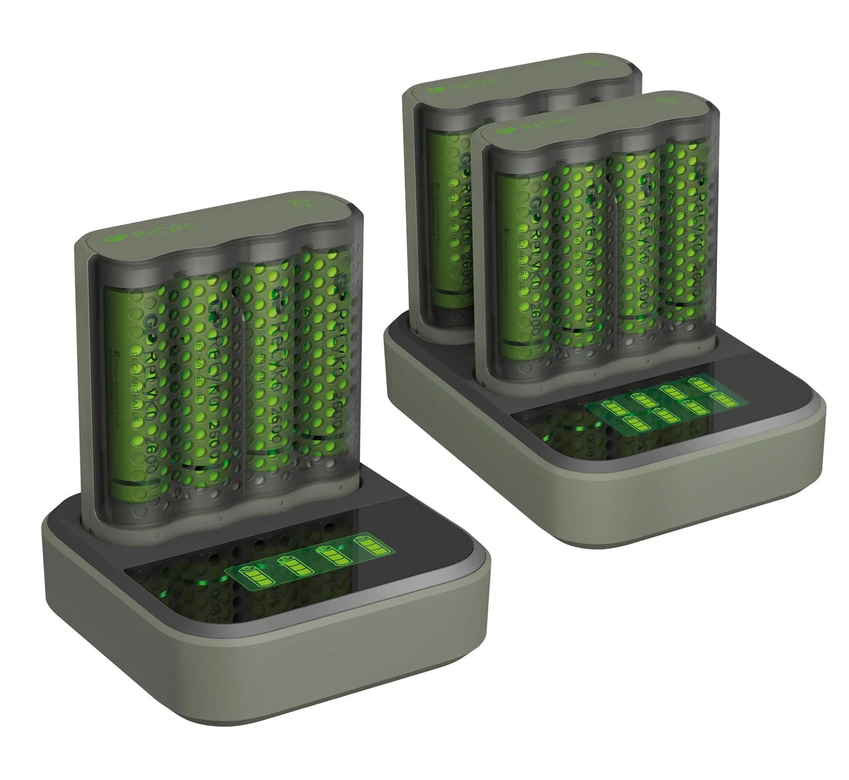 USB Schnellladegerät mit Docking Station, LCD Ladestandsdisplay für 4 AA / AAA NiMH Akkus inklusive 8 ReCyko (AA) 2600mA