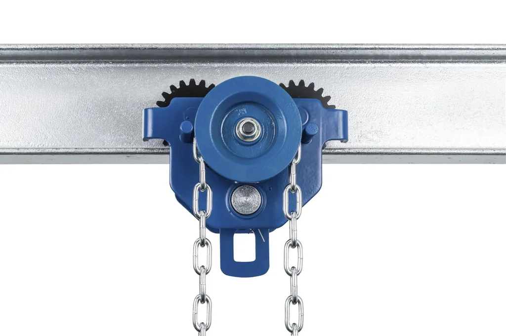 Haspellaufkatze GTM 5, Tragfähigkeit 5.000 kg, Flanschbreite 114-203 mm, 2,5 m Bedienlänge, Min. Kurvenradius 1,3 m