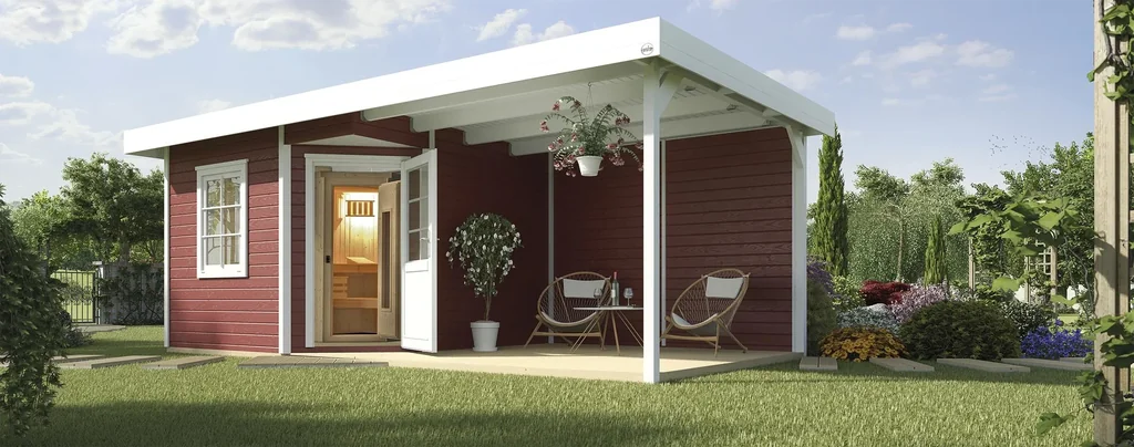 Saunahaus 28 mm SALO 2 schwedenrot/weiß mit Lounge 300 cm, ohne Ofen