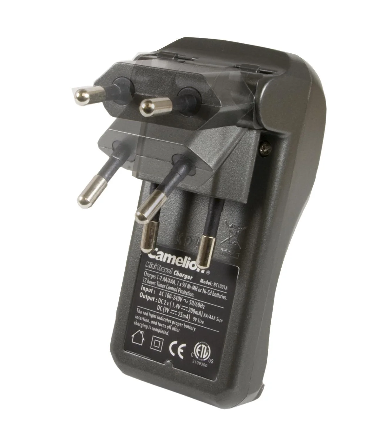 Reise-Steckerladegerät für 2x AA/AAA oder 1x 9V, klappbarer Stecker